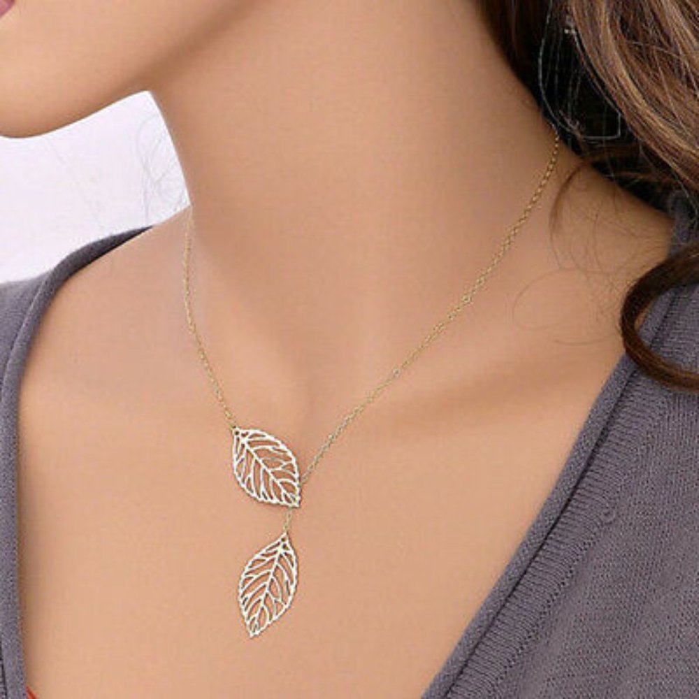 new Goldtone Double Leaf Lariat Necklace
